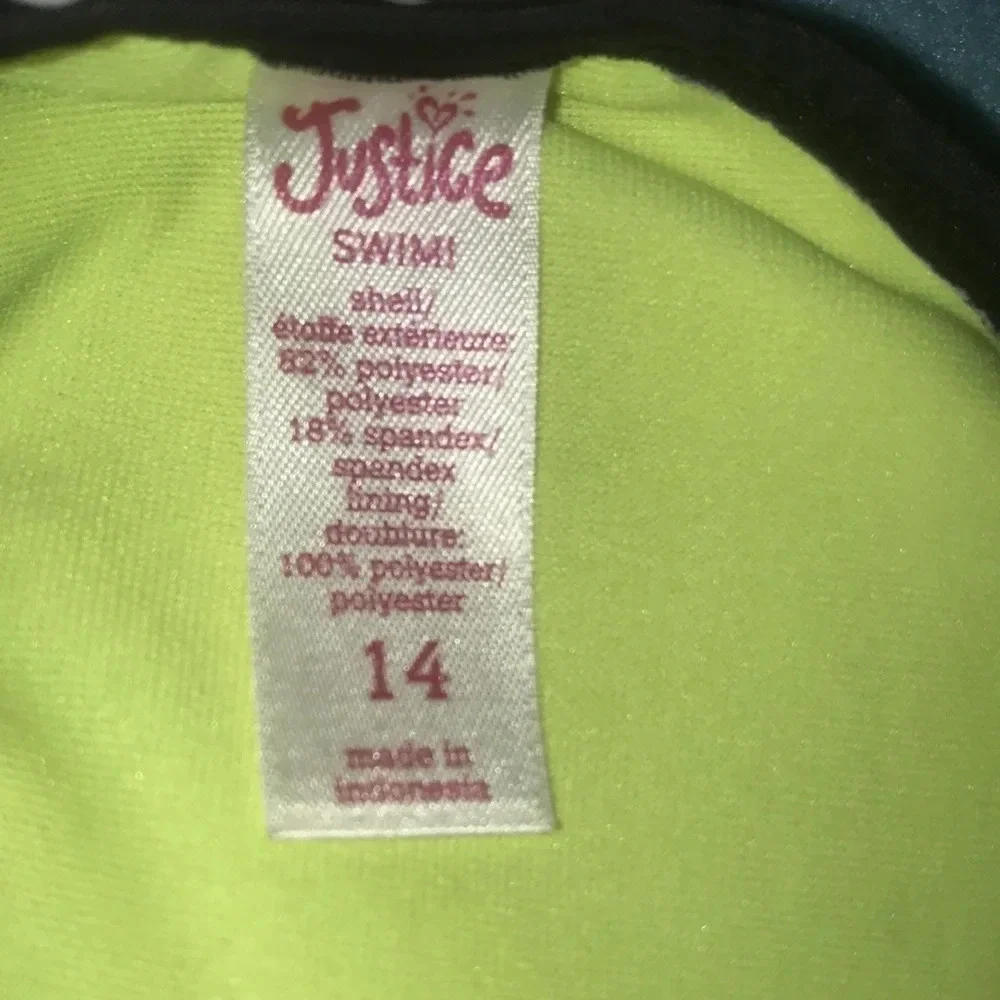 JUSTICE Swim top black  white and neon green polka dots size 14